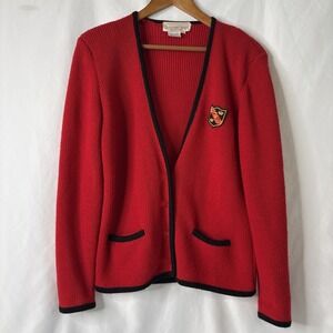 Vtg Schrader Sport L 100% Wool Red Cardigan Sweater Dark Academia Collegiate
